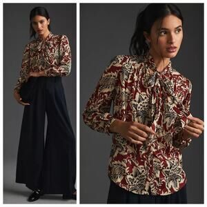 New By Anthropologie Tie-Neck Long Sleeve Floral Blouse $128 X-SMALL Brown